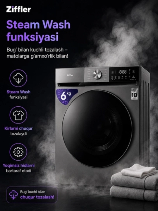 Ziffler BWMC-6J2W kir yuvish mashinasi 6 kg, BLDC Inverter, Steam Wash, 1200 ayl/min