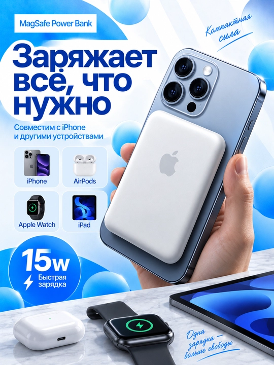 Power bank 5.000 mAh 15W — magnitli simsiz zaryadlovchi ixcham