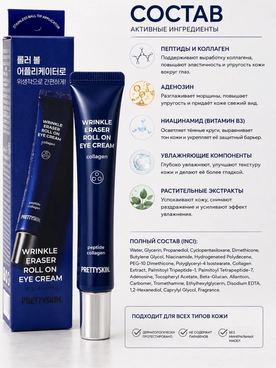 Крем-роллер для кожи вокруг глаз PRETTYSKIN, Collagen-Retinol, 30 мл