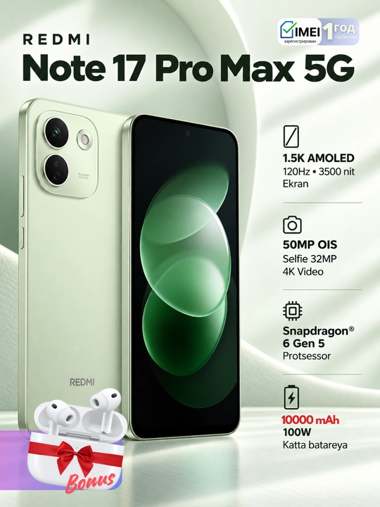 Смартфон Redmi Note 17 Pro Max 5G, AMOLED-экран, 120 Гц,SIM+eSIM,10000 мА·ч,гарантия 1 год - 