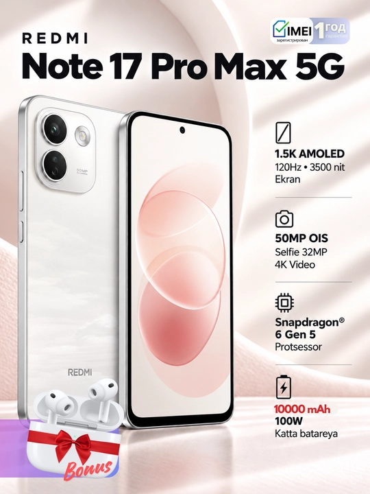 Смартфон Redmi Note 17 Pro Max 5G, AMOLED-экран, 120 Гц,SIM+eSIM,10000 мА·ч,гарантия 1 год - 