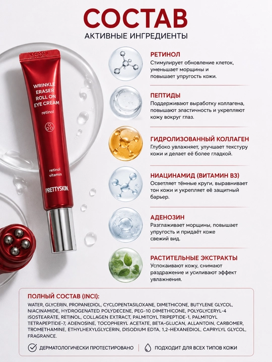 Крем-роллер для кожи вокруг глаз PRETTYSKIN, Collagen-Retinol, 30 мл