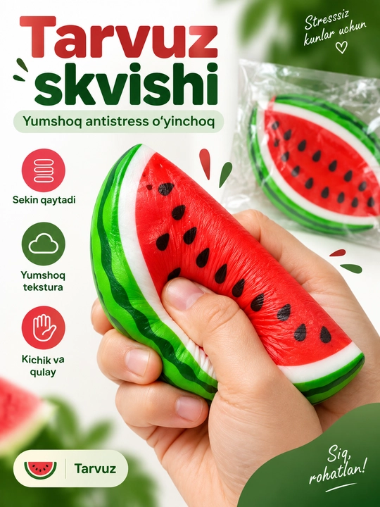 Skvish tarvuz, yumshoq stressga qarshi o‘yinchoq, bolalar uchun qo‘l maydalagich