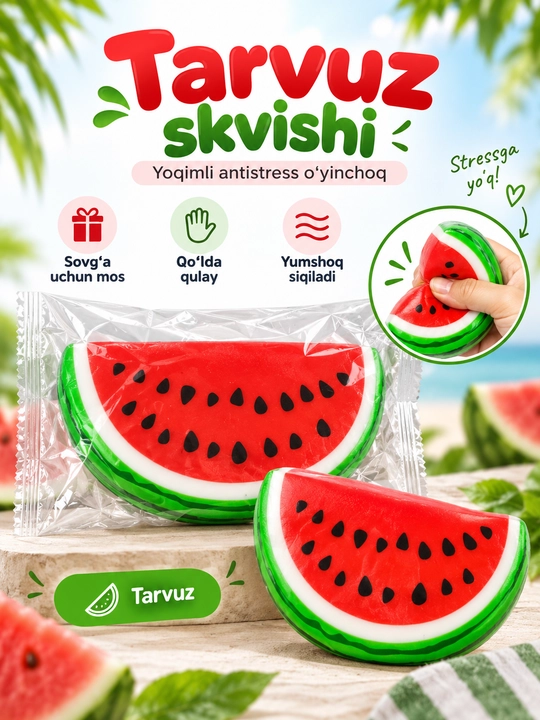 Skvish tarvuz, yumshoq stressga qarshi o‘yinchoq, bolalar uchun qo‘l maydalagich