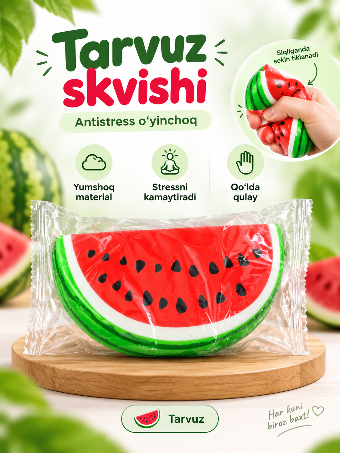 Skvish tarvuz, yumshoq stressga qarshi o‘yinchoq, bolalar uchun qo‘l maydalagich - 