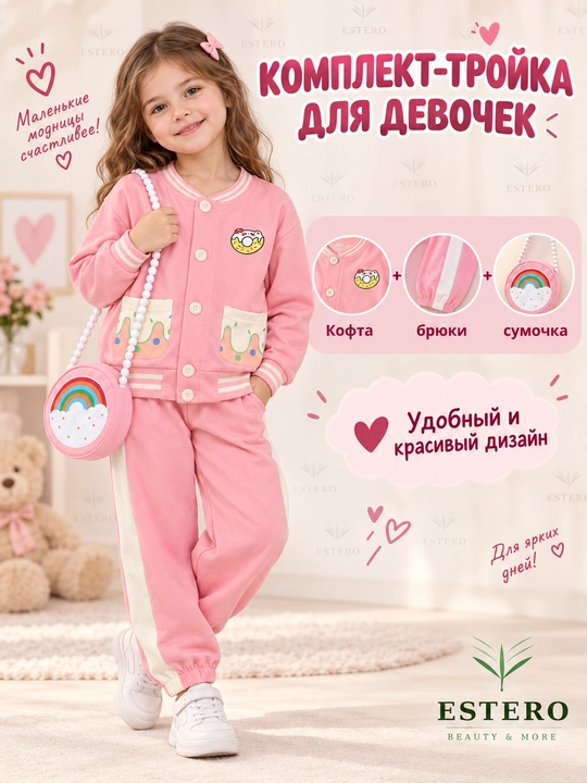 Костюм-тройка для девочек, кофта, брюки и сумочка на жемчужном ремешке 