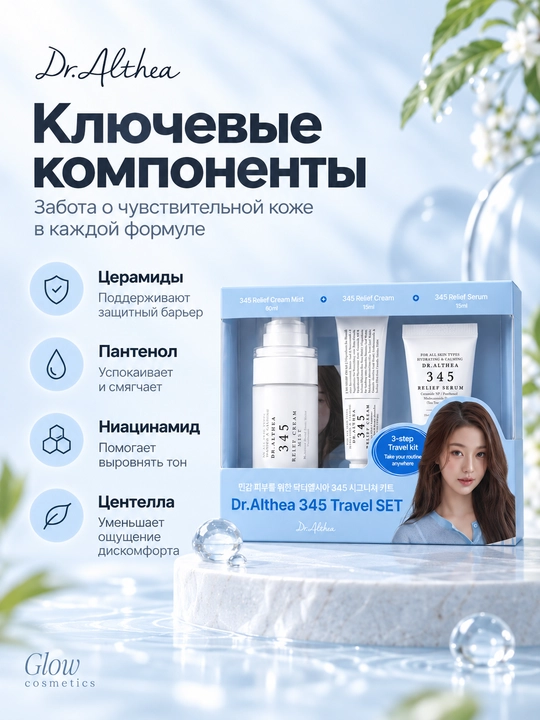 Dr. Althea 345 Travel Set — yuz uchun mini to‘plam, tinchlantirish va namlash. 345 krem