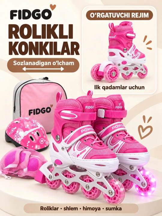 FIDGO rolikli konkilar, sozlanadigan, shlem, himoya va sumka bilan - 