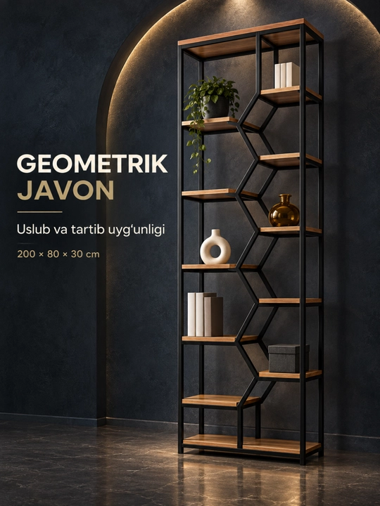 Geometrik dizayndagi ko‘p tokchali ochiq javon, loft stellaj, 200×80×30 sm