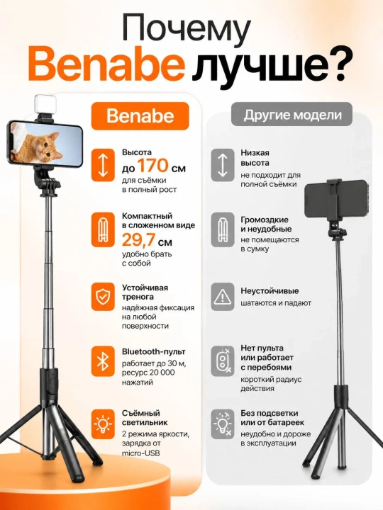 Monopod LED va Bluetooth pulti bilan, smartfonlar, iPhone, Android uchun selfi tayoqchasi
