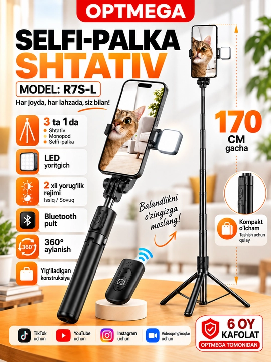 Monopod LED va Bluetooth pulti bilan, smartfonlar, iPhone, Android uchun selfi tayoqchasi