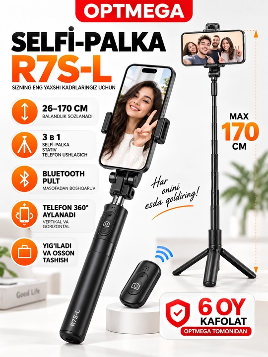 Monopod LED va Bluetooth pulti bilan, smartfonlar, iPhone, Android uchun selfi tayoqchasi