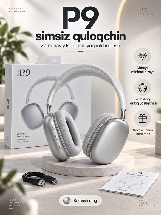 P9 simsiz Bluetooth quloqchin, katta over-ear naushnik, mikrofonli headset