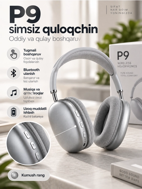 P9 simsiz Bluetooth quloqchin, katta over-ear naushnik, mikrofonli headset