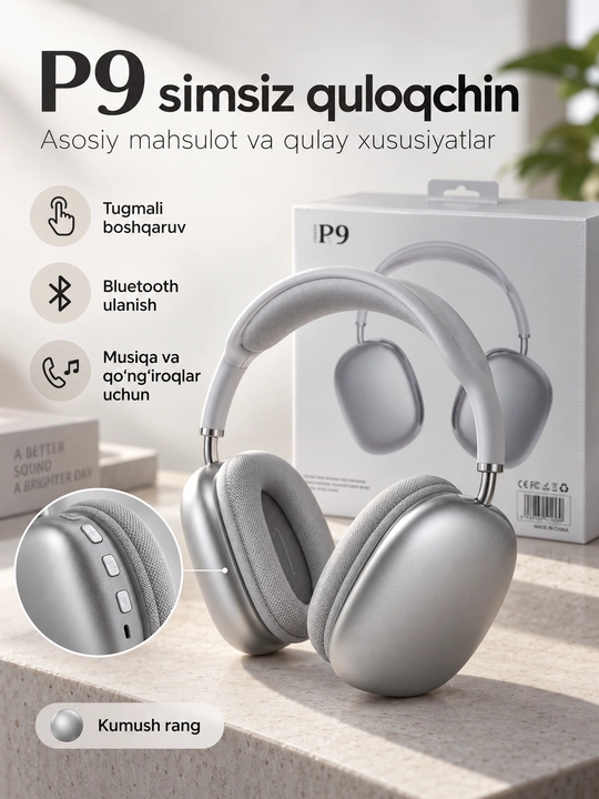 P9 simsiz Bluetooth quloqchin, katta over-ear naushnik, mikrofonli headset
