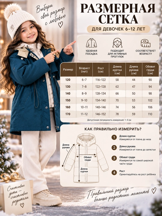Детская зимняя куртка для девочки 6–12 лет, парка 2 в 1, утеплённая, капюшон, карманы