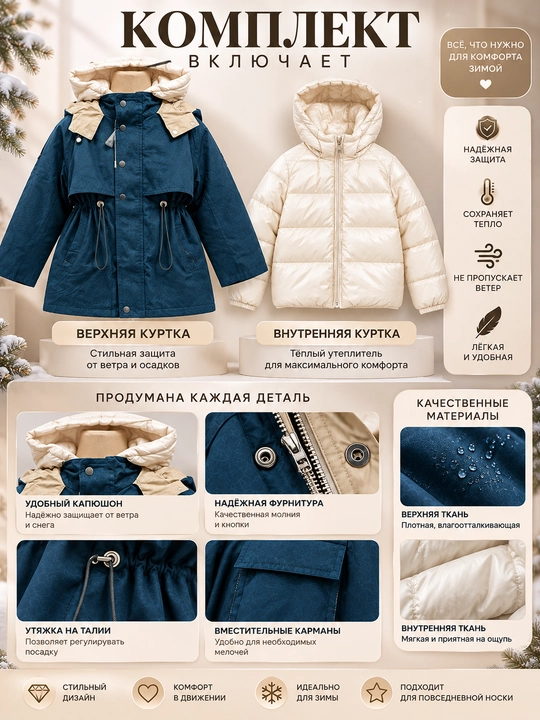 Детская зимняя куртка для девочки 6–12 лет, парка 2 в 1, утеплённая, капюшон, карманы