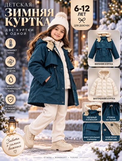Детская зимняя куртка для девочки 6–12 лет, парка 2 в 1, утеплённая, капюшон, карманы