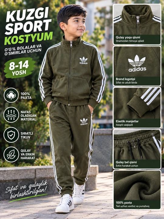 O‘g‘il bolalar sport kostyumi, kuzgi komplekt, 100% paxta, 8-14 yosh