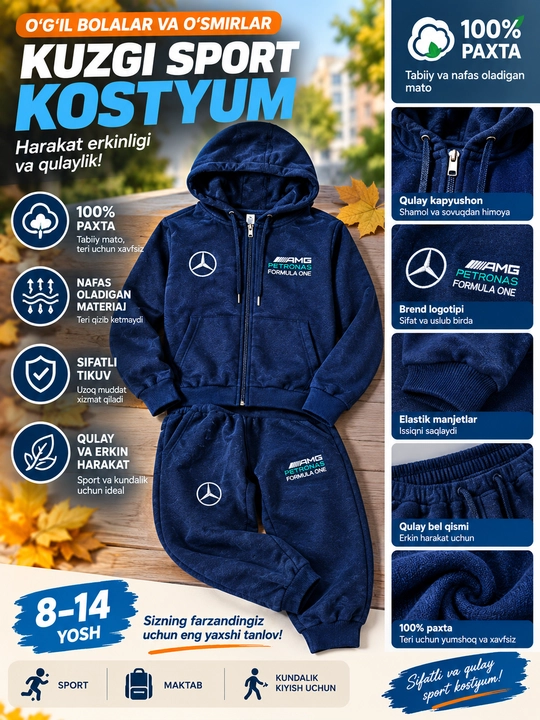 O‘g‘il bolalar sport kostyumi, kuzgi komplekt, 100% paxta, 8-14 yosh