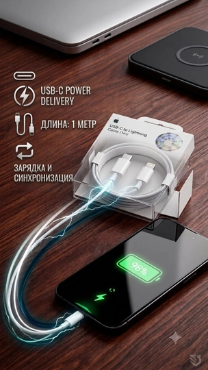 Кабель USB-C — Lightning 1 м для зарядки и передачи данных - 