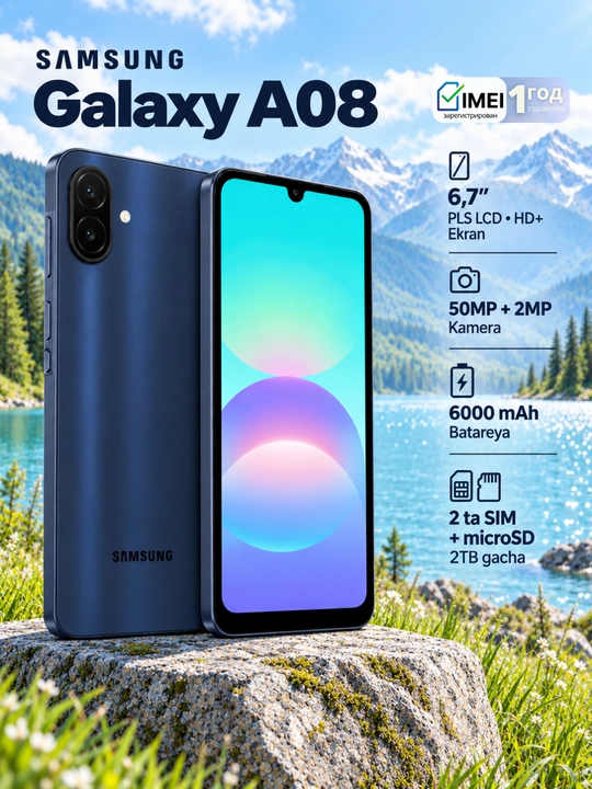 Смартфон Samsung Galaxy A08,аккумулятор 6000 мА·ч,камера 50Мп+2Мп, 2-SIM карт+microSD - 
