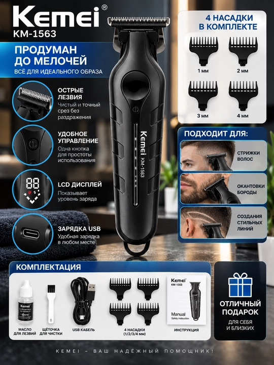 Kemei KM-1563 — профессиональный триммер для волос, бороды и окантовки