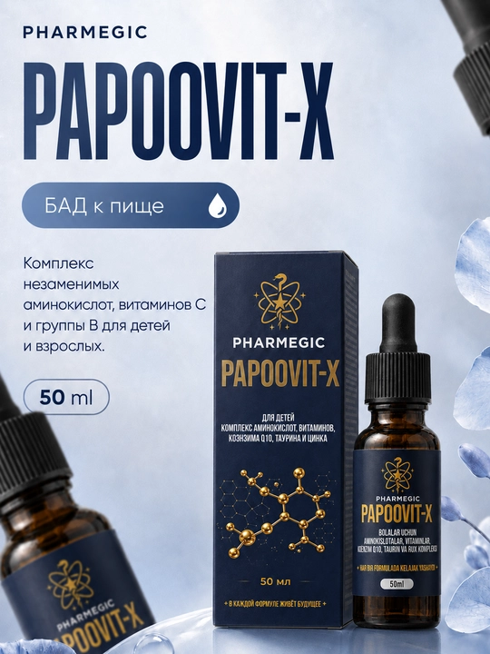 Bolalar uchun vitaminlar PAPOOVIT-X, L-karnitin, aminokislota va vitamin C, tomchi 50 ml - 