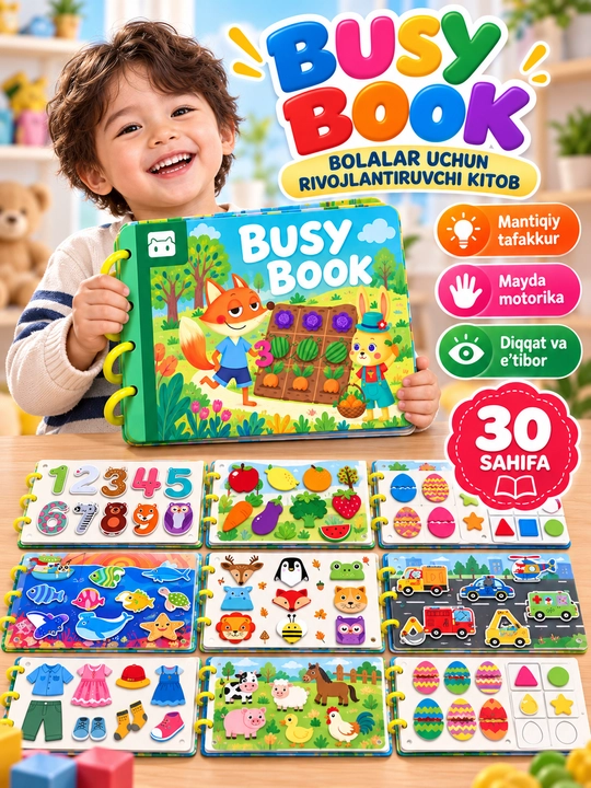 Развивающая книжка и алфавит для детей Busybook, монтессори на липучках - 