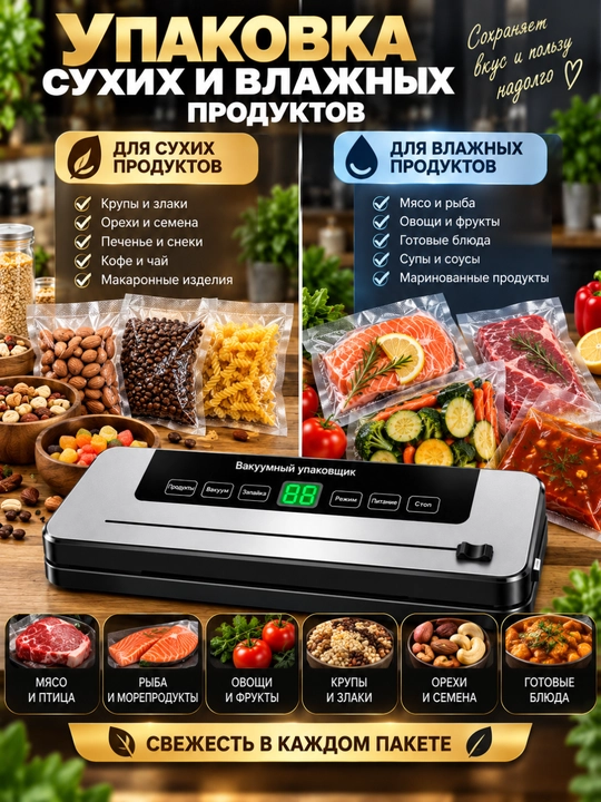 Quruq va nam mahsulotlar uchun 7 rejimli avtomatik vakuum qadoqlagich 50 ta paket