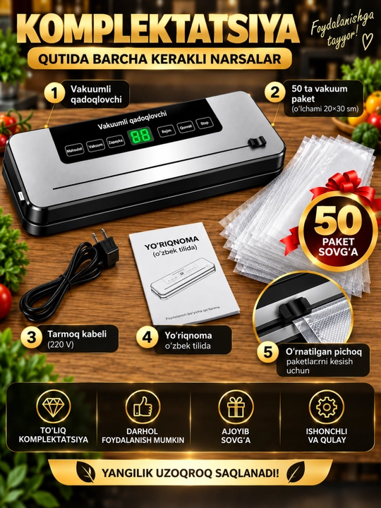 Quruq va nam mahsulotlar uchun 7 rejimli avtomatik vakuum qadoqlagich 50 ta paket