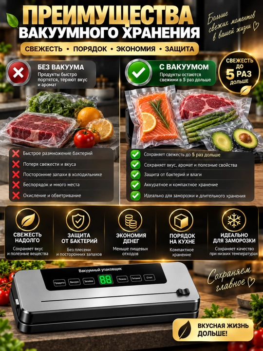 Quruq va nam mahsulotlar uchun 7 rejimli avtomatik vakuum qadoqlagich 50 ta paket
