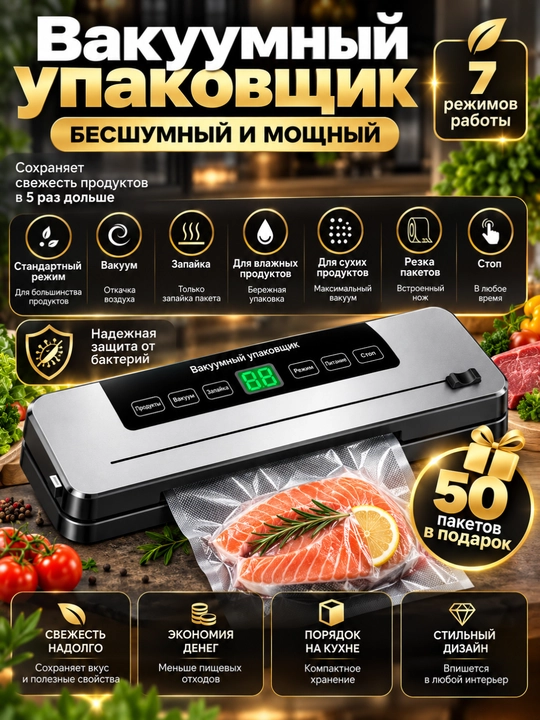 Вакуумный упаковщик автоматический, для сухих и влажных продуктов с 7 режимами 50 Пакетов - 