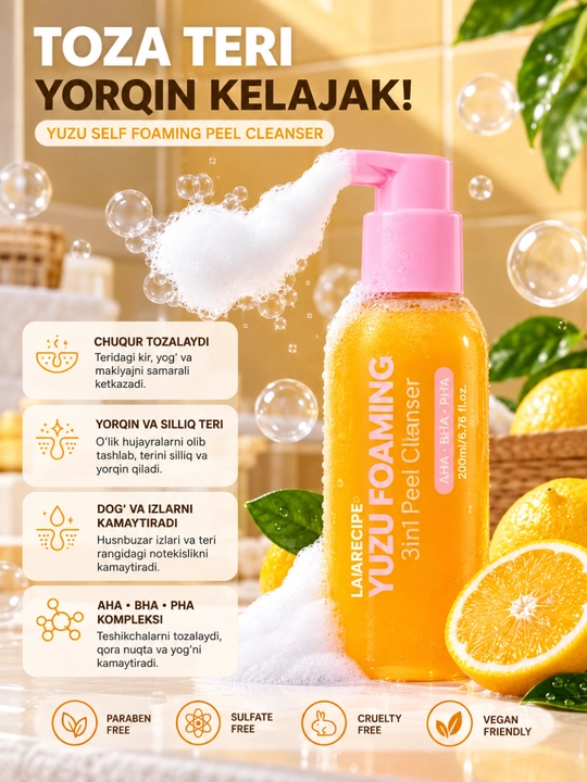 Lalarecipe Yuzu Self Foaming 3 in 1, AHA, BHA, кислотное очищающее средство для лица