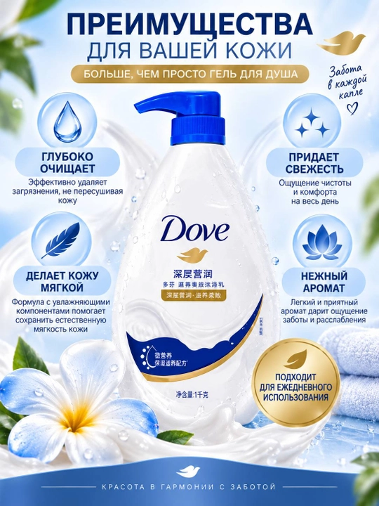 Dove крем-гель для душа 1000 мл, увлажняющий гель для тела, приятный аромат