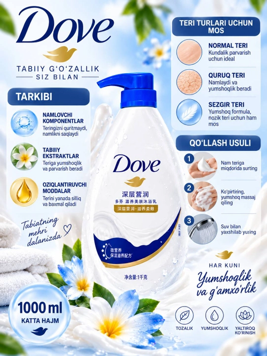 Dove крем-гель для душа 1000 мл, увлажняющий гель для тела, приятный аромат