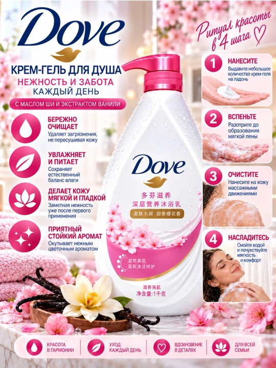 Dove крем-гель для душа 1000 мл, увлажняющий гель для тела, приятный аромат
