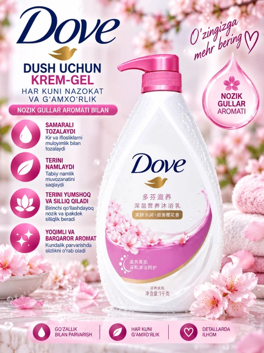 Dove крем-гель для душа 1000 мл, увлажняющий гель для тела, приятный аромат - 
