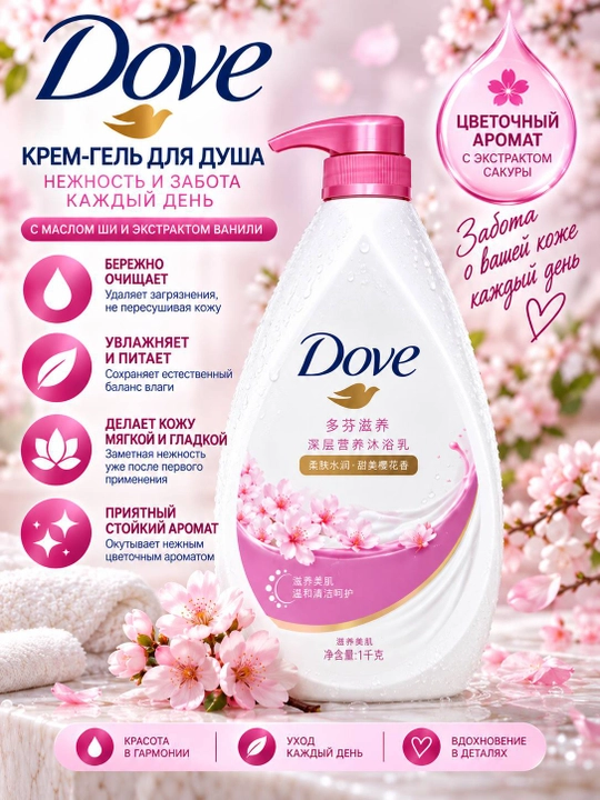 Dove крем-гель для душа 1000 мл, увлажняющий гель для тела, приятный аромат