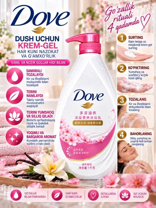 Dove крем-гель для душа 1000 мл, увлажняющий гель для тела, приятный аромат