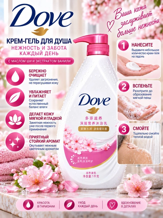 Dove крем-гель для душа 1000 мл, увлажняющий гель для тела, приятный аромат