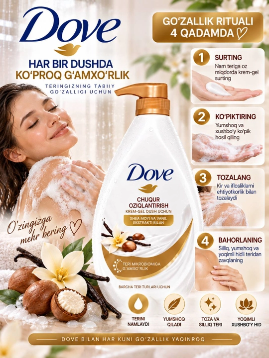 Dove dush uchun krem-gel 1000 ml, namlantiruvchi, yoqimli xushbo‘y hidli