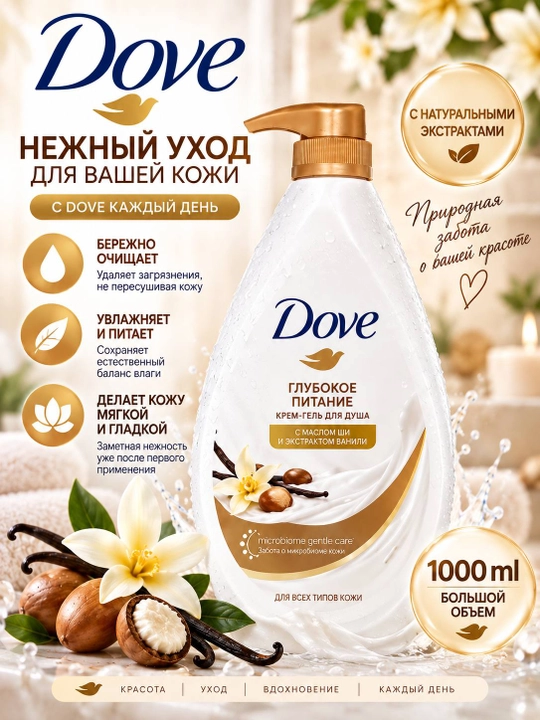 Dove dush uchun krem-gel 1000 ml, namlantiruvchi, yoqimli xushbo‘y hidli