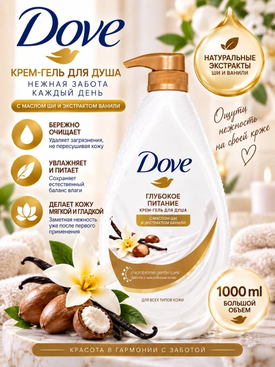 Dove крем-гель для душа 1000 мл, увлажняющий гель для тела, приятный аромат - 