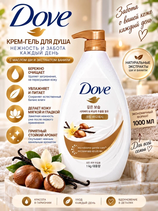 Dove dush uchun krem-gel 1000 ml, namlantiruvchi, yoqimli xushbo‘y hidli