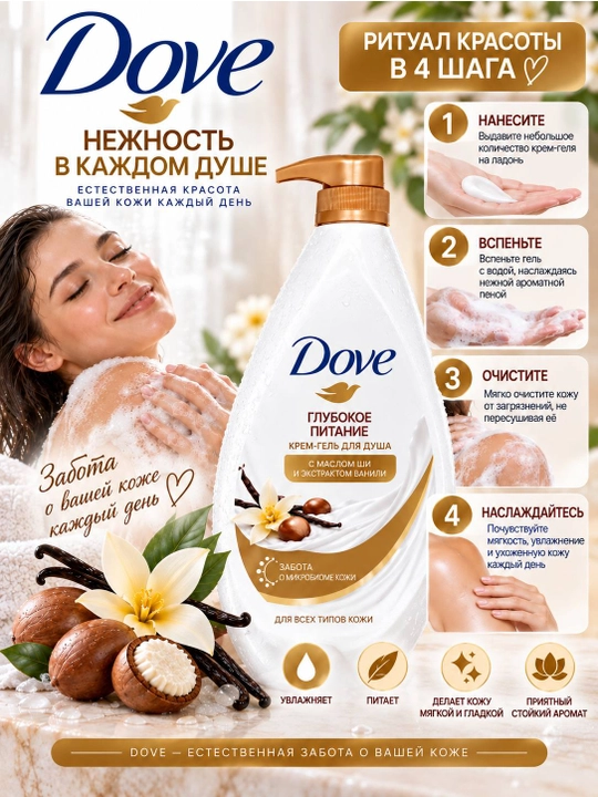 Dove dush uchun krem-gel 1000 ml, namlantiruvchi, yoqimli xushbo‘y hidli