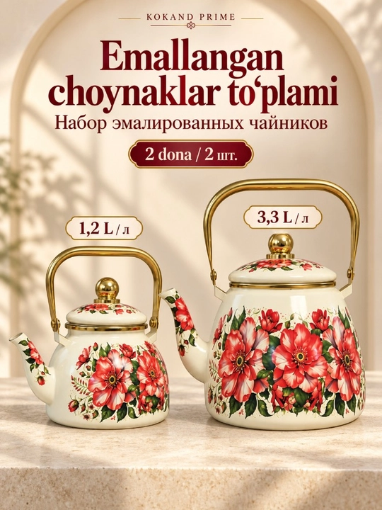 Набор эмалированных чайников, 3,3 и 1,2 л, 2 шт., с цветочным рисунком и ситечками - 