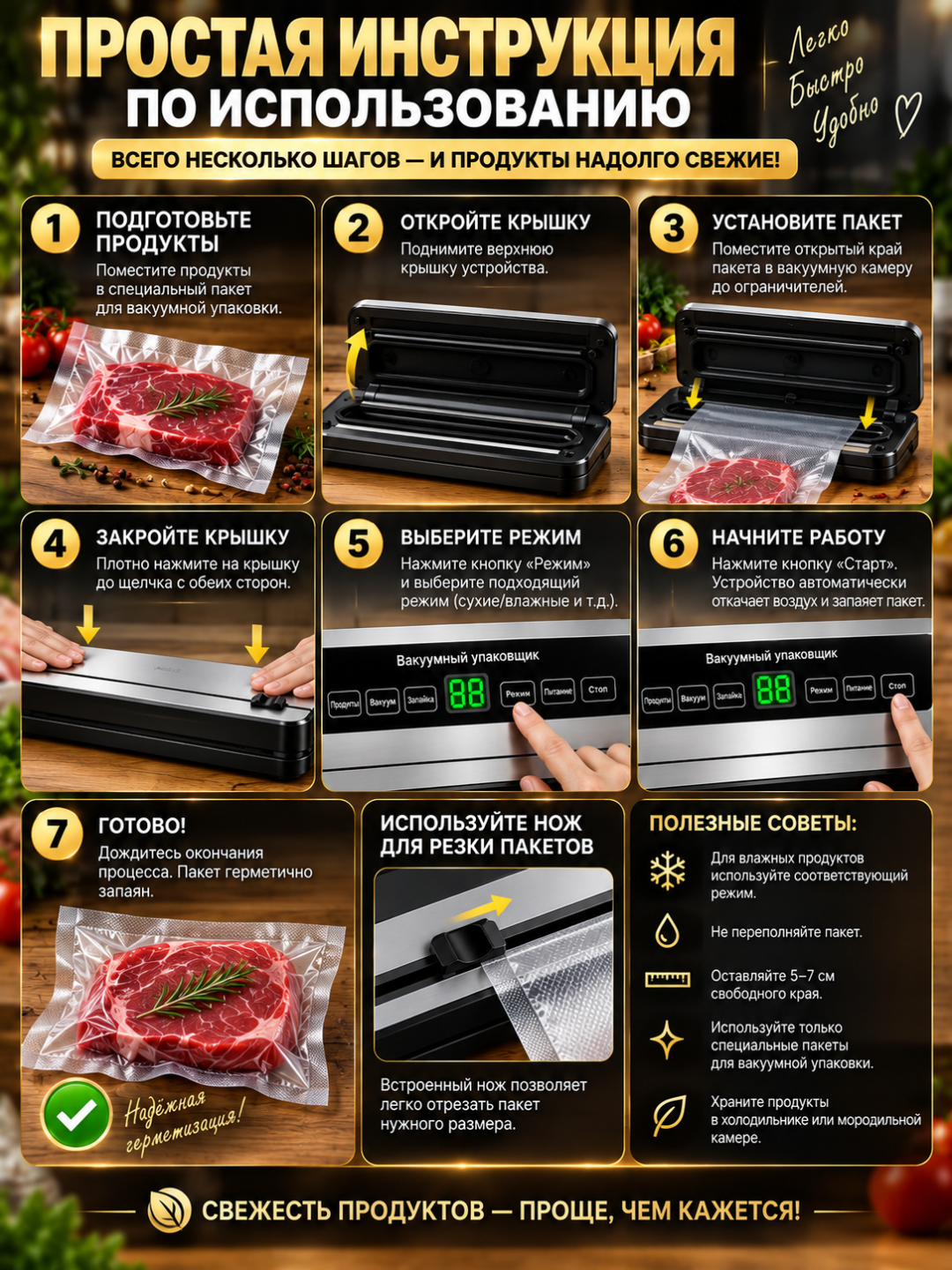 Вакуумный упаковщик автоматический,  для сухих и влажных продуктов с 7 режимами