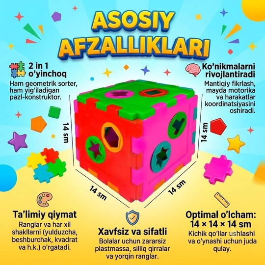 Rivojlantiruvchi o'yinchoq, bolalar uchun sorter, shakl va rang ajratish, mantiqiy kubik - 