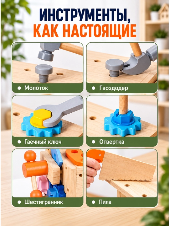 Bolalar asboblari, o‘g‘il va qiz bolalar uchun yog‘och konstruktor, asboblar to‘plami